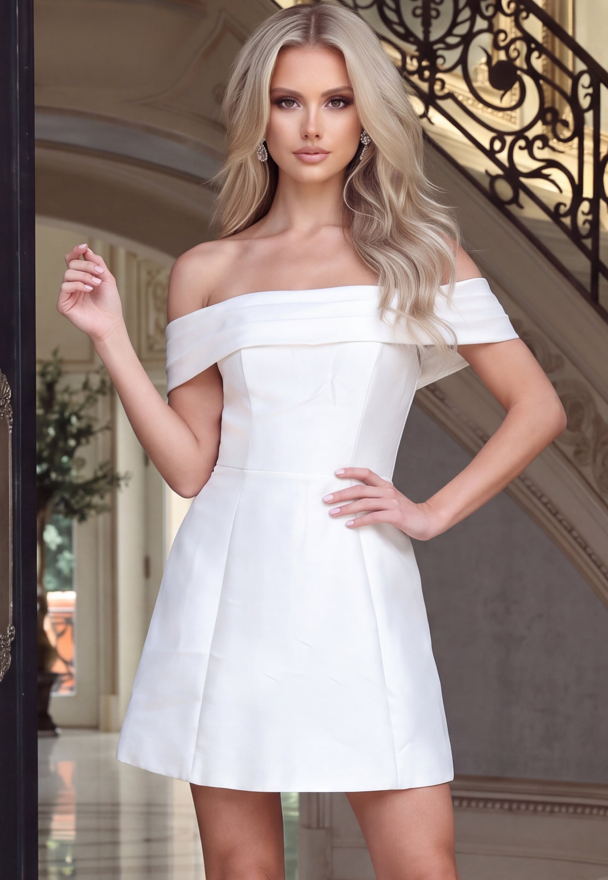 white satin off shoulder mini dress with folded neckline and flared skirt