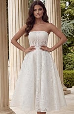 Strapless lace midi gown with fitted bodice and softly flared skirt