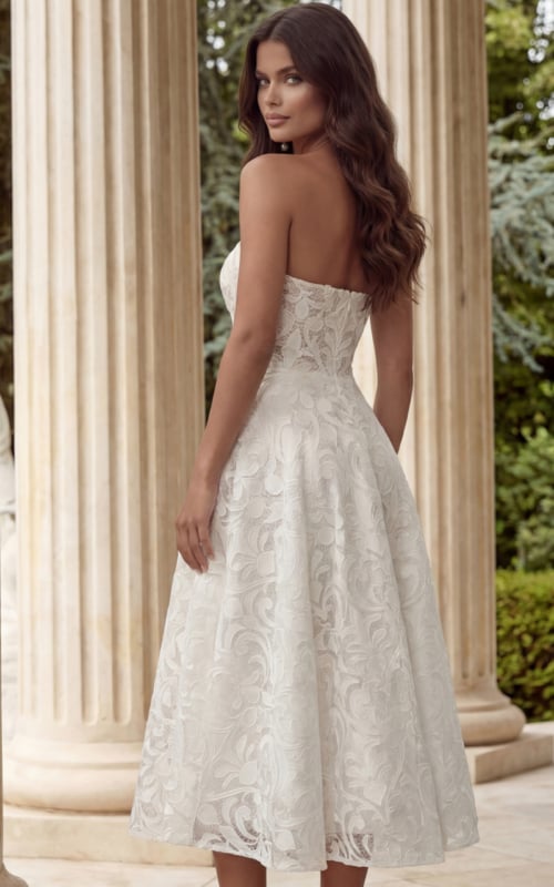 Back view of strapless lace midi dress with open neckline and elegant structure