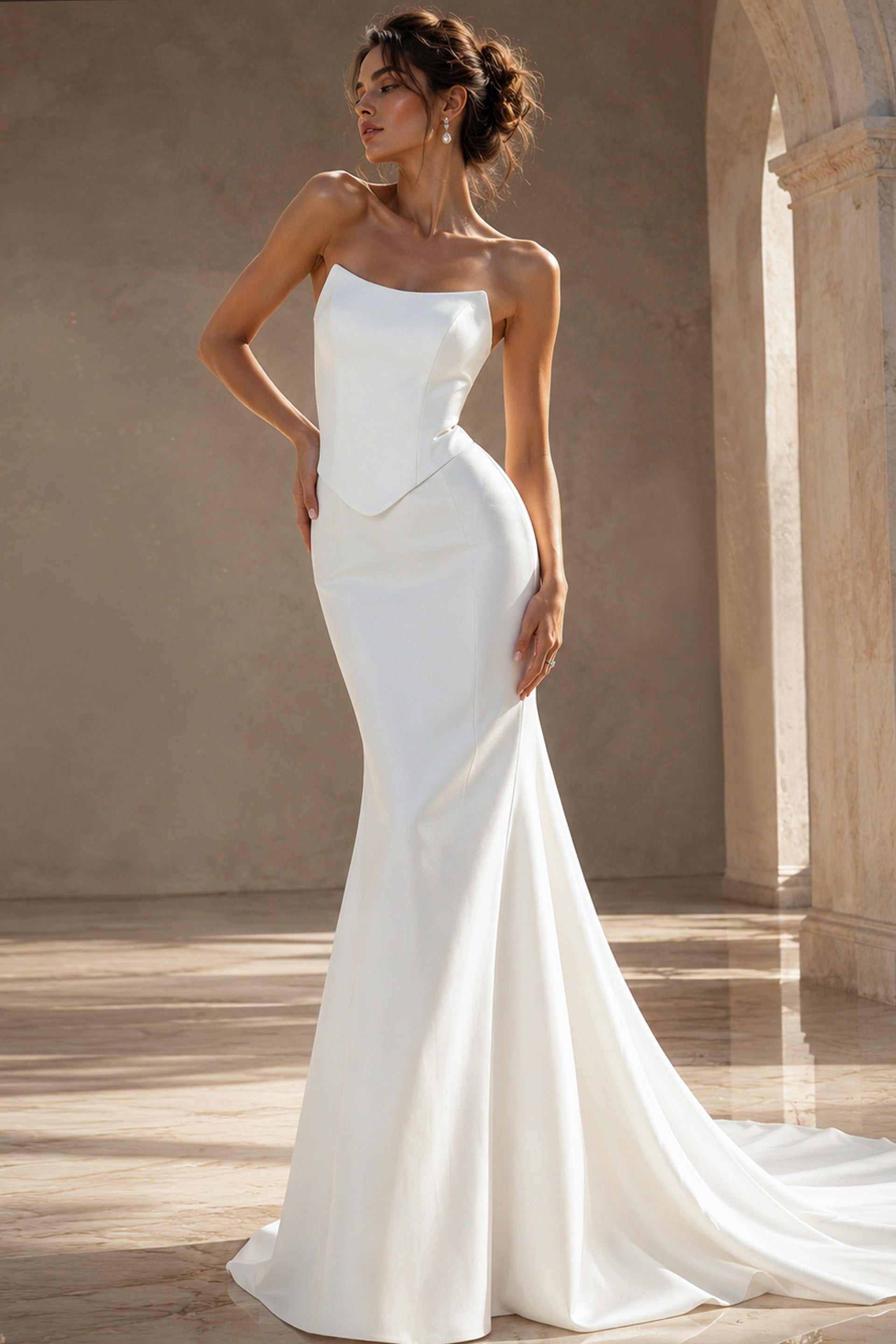 JB49077-1 white satin strapless fitted mermaid wedding dress with asymmetric neckline and dropped corset waist, front view, Jovani Bridal style JB49077