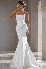 white satin strapless fitted mermaid wedding dress with asymmetric neckline and dropped corset waist, front view, Jovani Bridal style JB49077