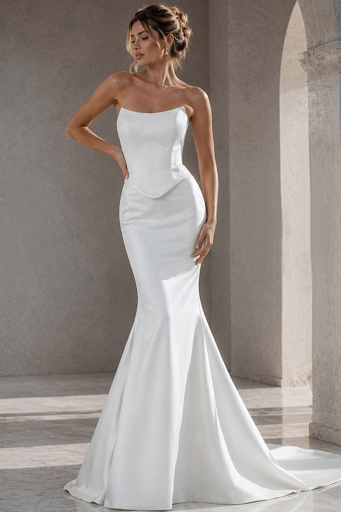 white satin strapless fitted mermaid wedding dress with asymmetric neckline and dropped corset waist, front view, Jovani Bridal style JB49077