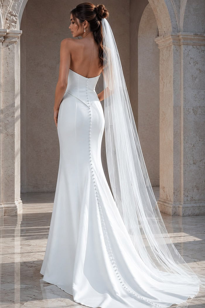 white satin strapless fitted mermaid wedding dress with asymmetric neckline and dropped corset waist, front view, Jovani Bridal style JB49077