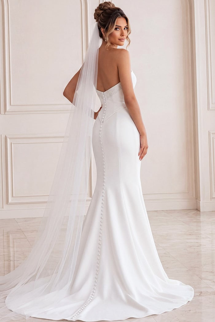 white satin strapless fitted mermaid wedding dress with asymmetric neckline and dropped corset waist, front view, Jovani Bridal style JB49077