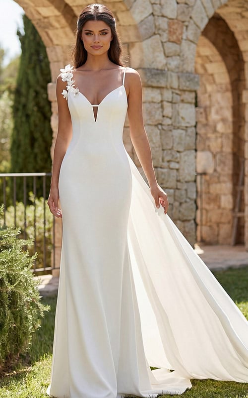 Timeless ivory sheath dress with delicate appliqué strap and sweeping train