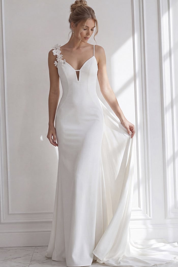Minimalist bridal dress with a structured fitted bodice, deep illusion neckline, and a sculpted mermaid skirt.