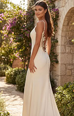 Elegant ivory fitted gown with delicate floral shoulder detail and flowing train