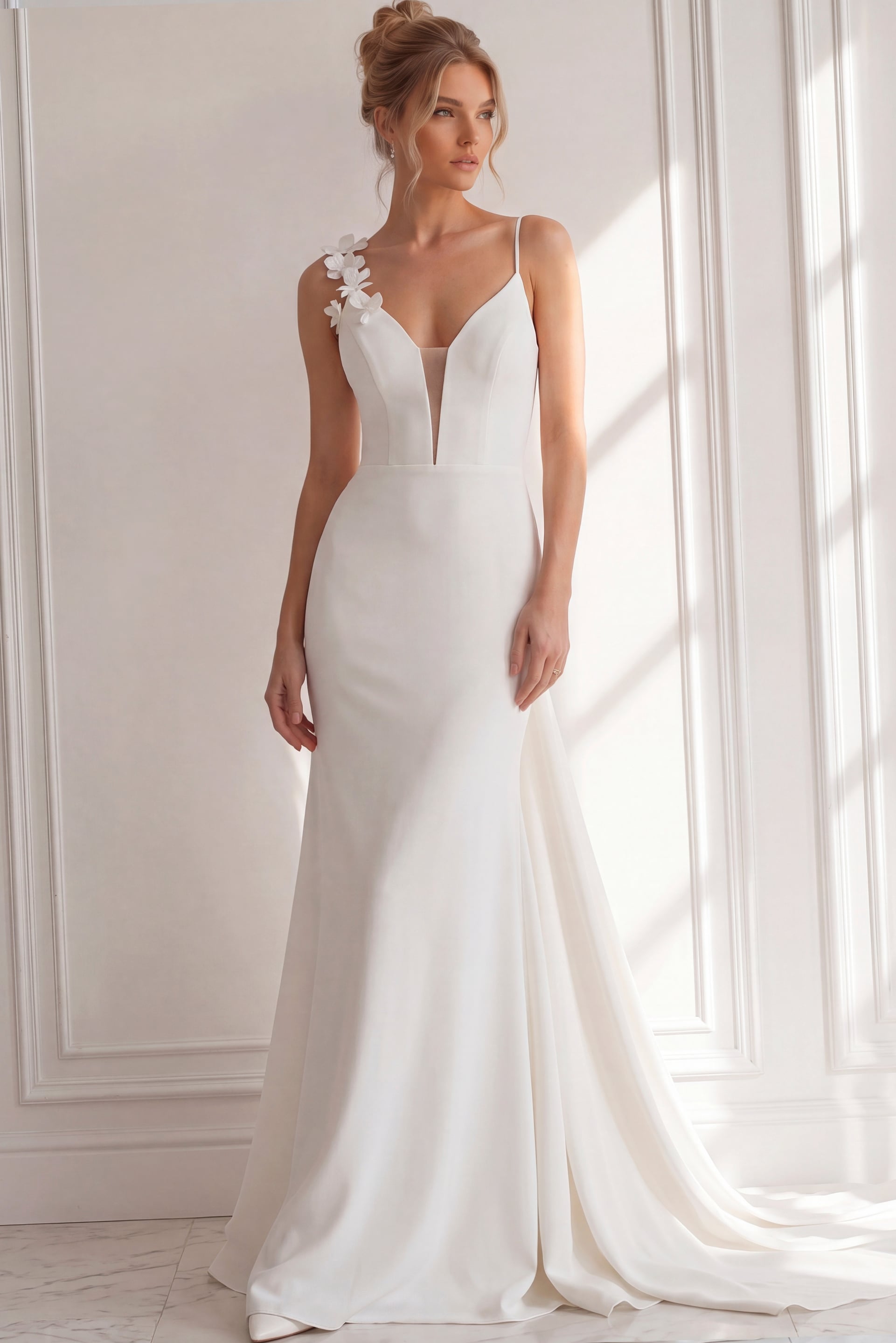 Modern fit-and-flare wedding gown crafted from smooth ivory crepe, featuring delicate spaghetti straps