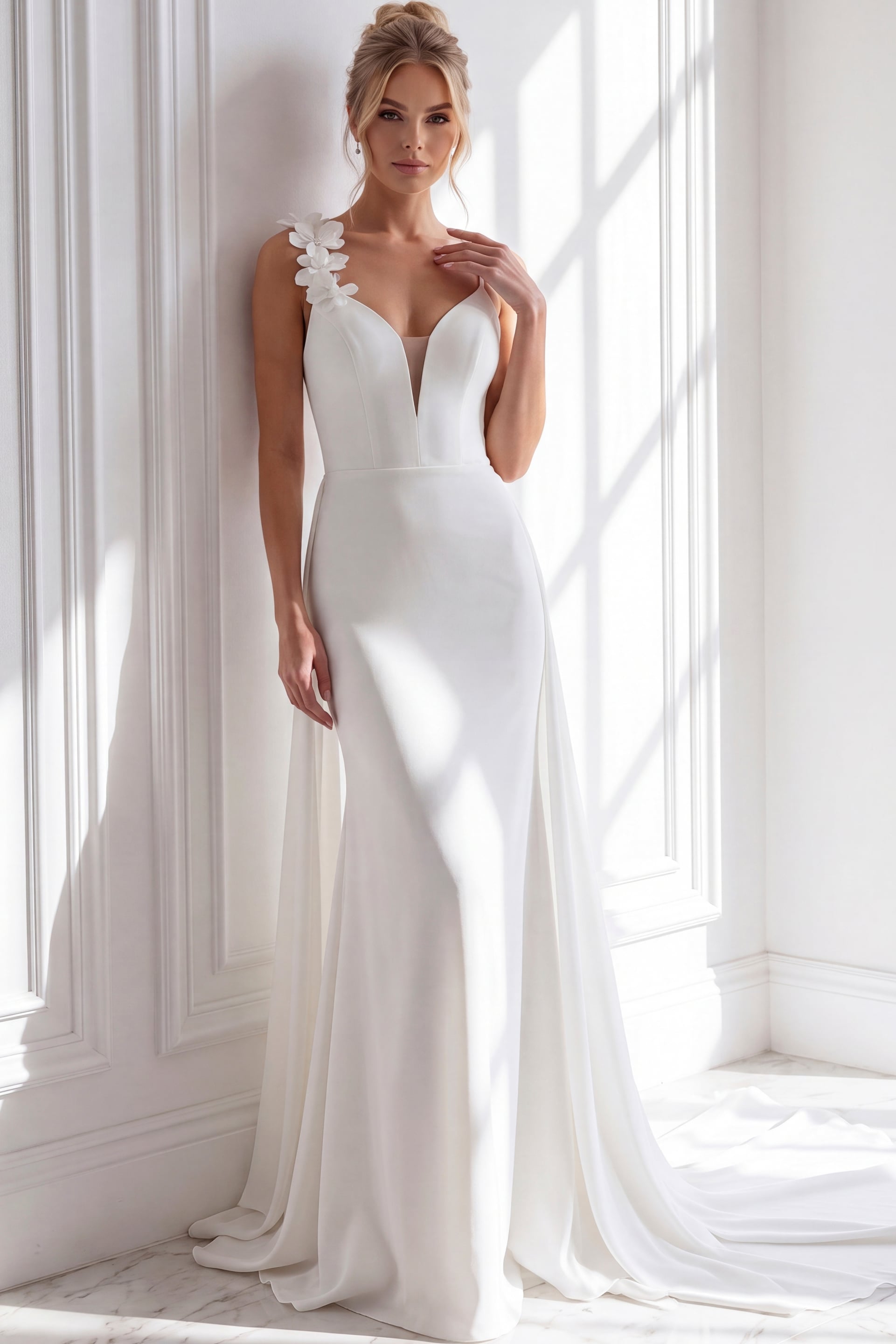 Spaghetti Strap Fitted Gown with Floral Shoulder Detail JB49631 - Image 1