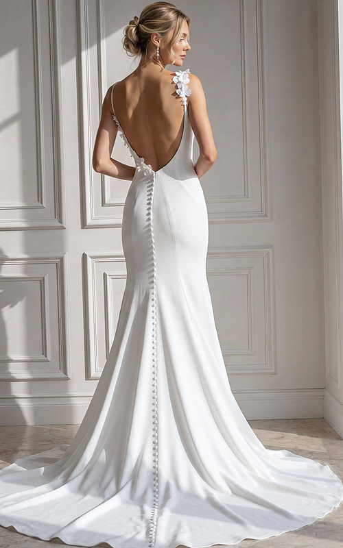 Contemporary wedding gown featuring a plunging V-neck bodice, soft floral appliqué at the shoulder, and a sleek crepe skirt that gently flares below the hips into a graceful,