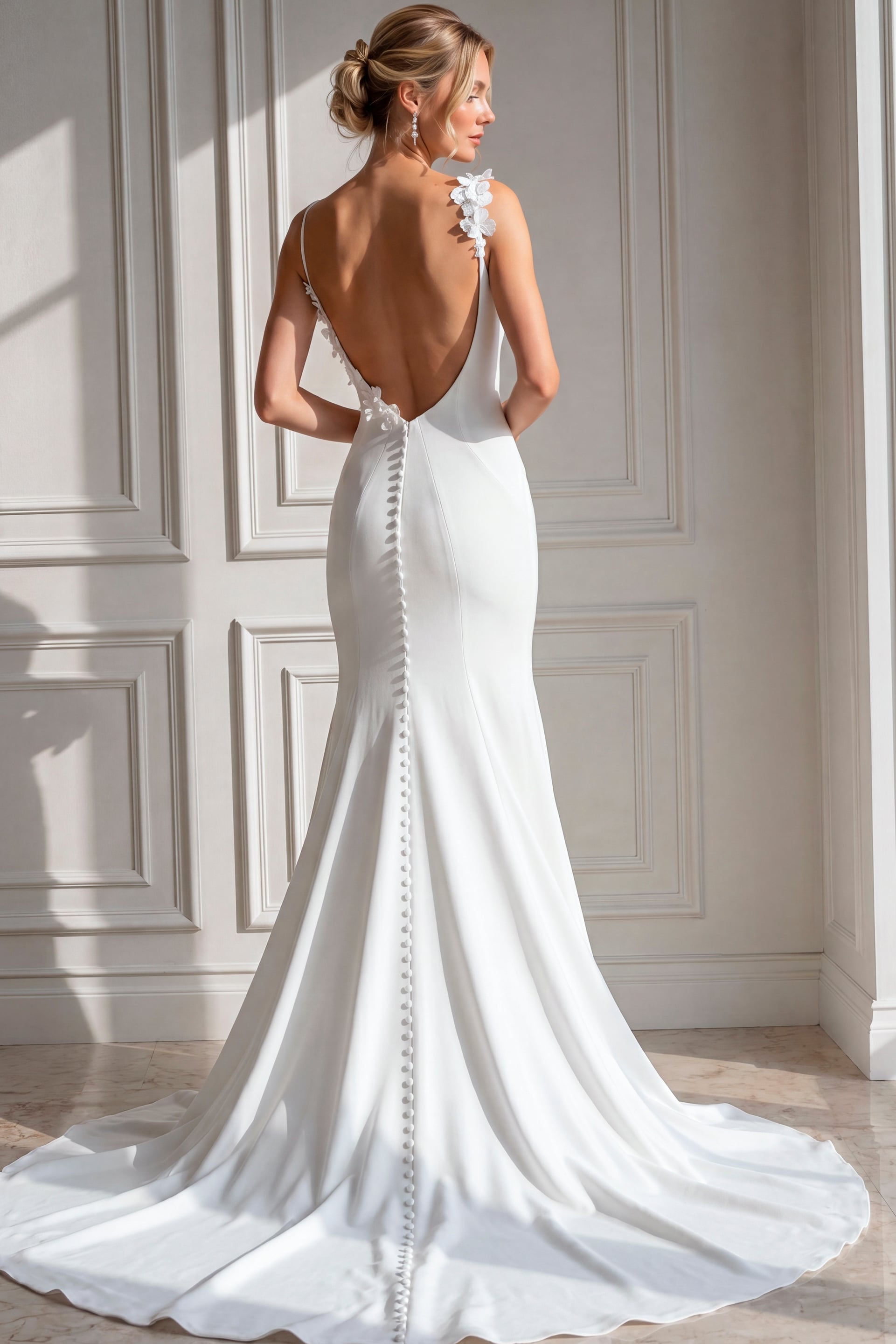 Contemporary wedding gown featuring a plunging V-neck bodice, soft floral appliqué at the shoulder, and a sleek crepe skirt that gently flares below the hips into a graceful,