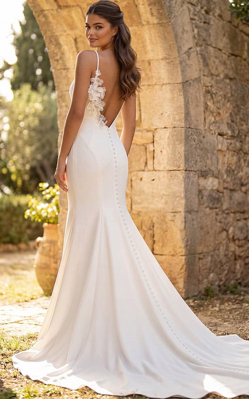 Sophisticated sheath gown with plunging neckline and floral appliqué strap
