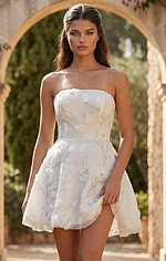 Elegant ivory mini dress with dimensional floral embroidery and fitted bodice