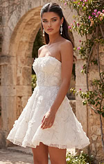 Romantic strapless short dress with intricate floral appliqué and flared skirt