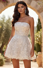 Feminine floral textured mini dress with structured strapless neckline