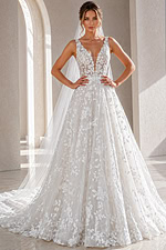 ivory 3D floral lace V neck A-line wedding dress with wide straps and tulle cape veil, front view, Jovani Bridal style JB49748