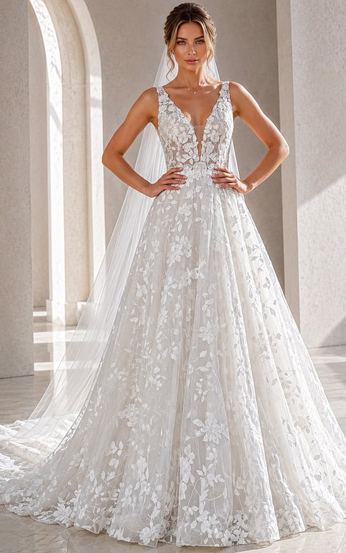 ivory 3D floral lace V neck A-line wedding dress with wide straps and tulle cape veil, front view, Jovani Bridal style JB49748