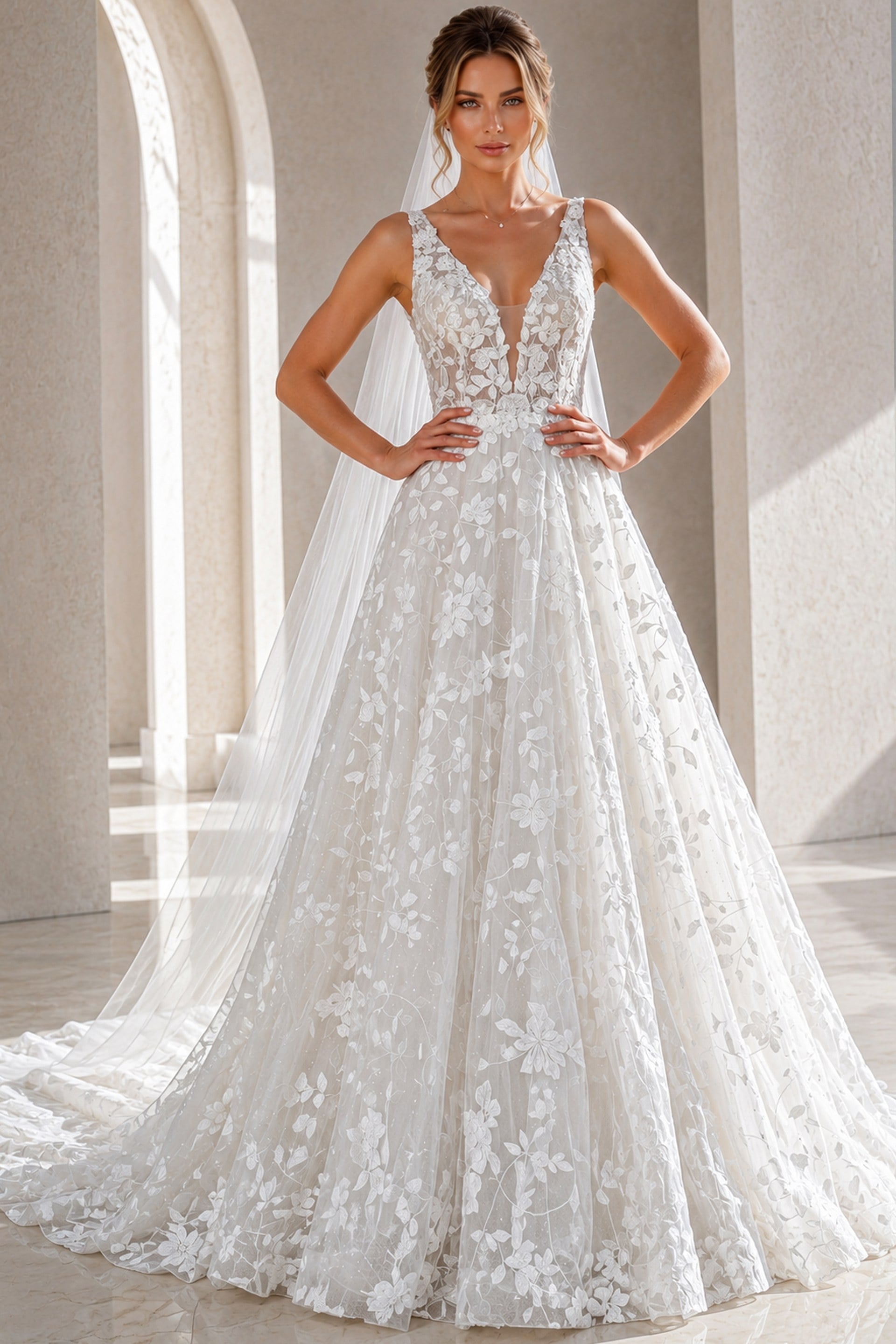 flower lace v-neck wedding dress with empire waist Ivory Wedding Dresses with Lace and Tulle - V-Neck Wedding Dress with Slit  Floral Wedding Dress with Sparkling A-Line Skirt Plus Size