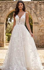 Romantic floral lace gown with plunging neckline and flowing A line skirt