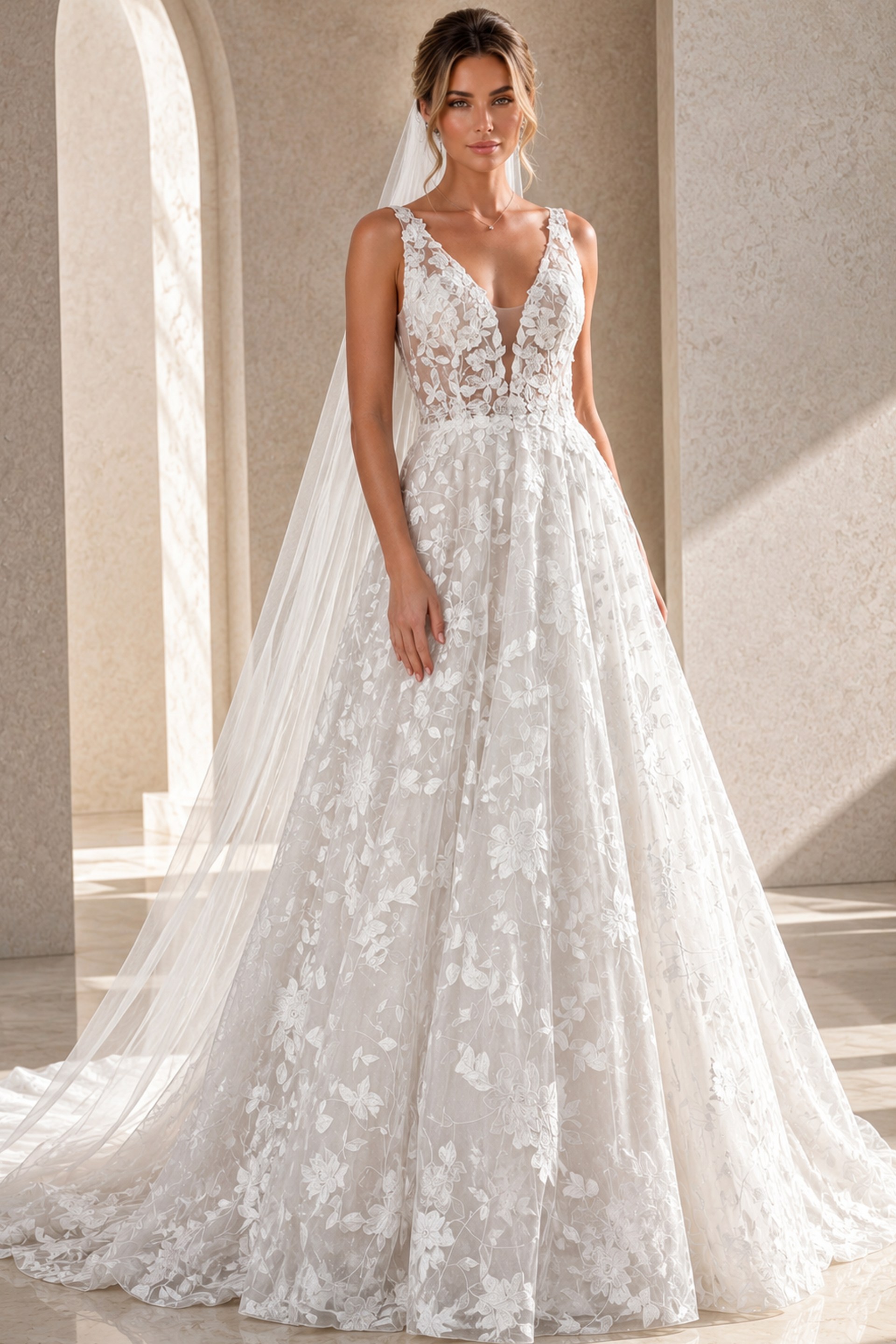 ivory 3D floral lace V neck A-line wedding dress with wide straps and tulle cape veil, front view, Jovani Bridal style JB49748