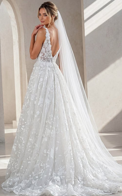 ivory 3D floral lace V neck A-line wedding dress with wide straps and tulle cape veil, front view, Jovani Bridal style JB49748
