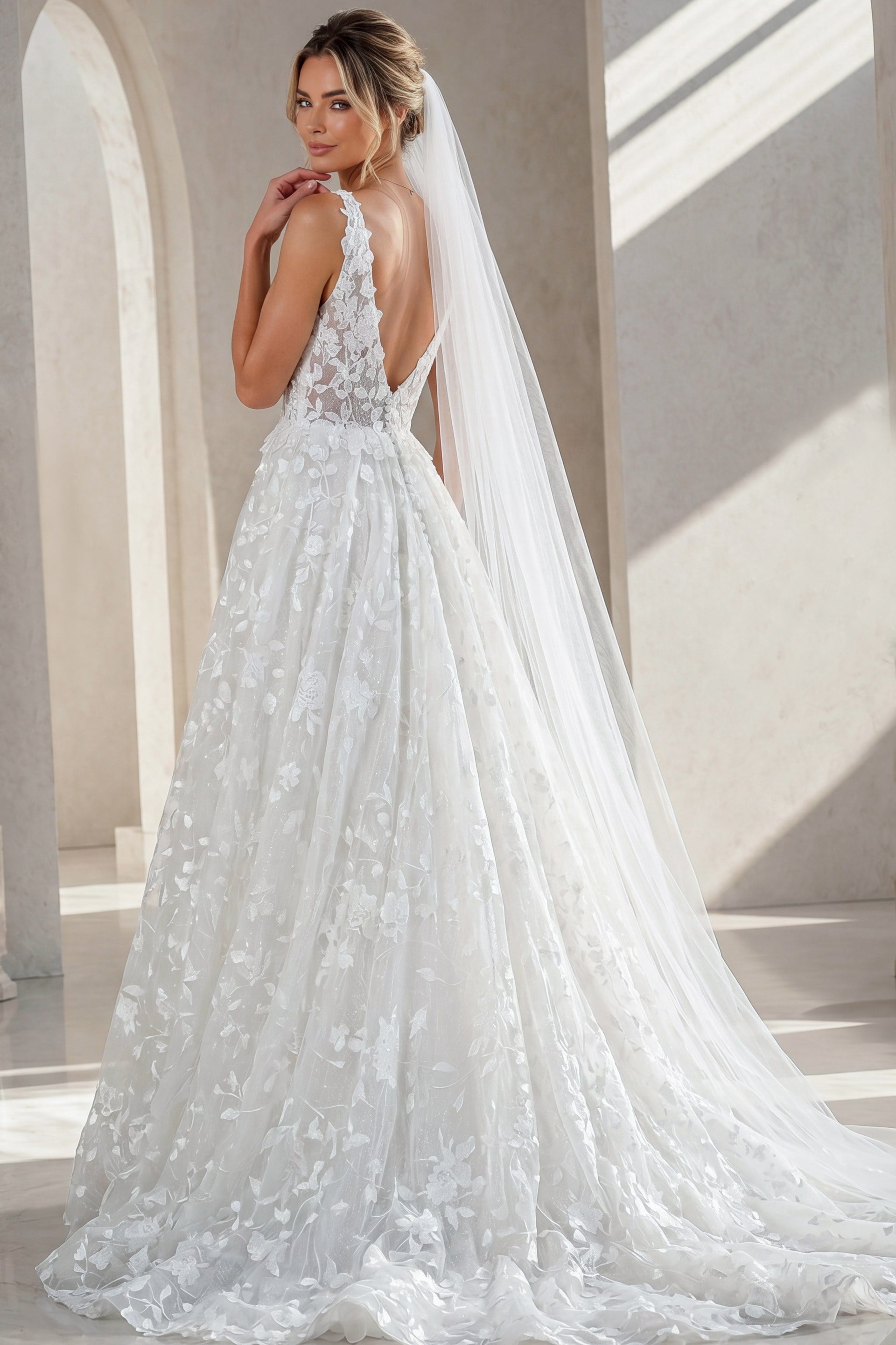 a line dress with veil Lace A-Line Wedding Dress With Chapel Veil