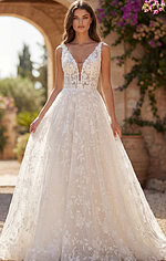 Soft ivory lace gown with deep V bodice and graceful full skirt