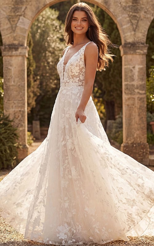 v neckline flroal bridal gown JB49748