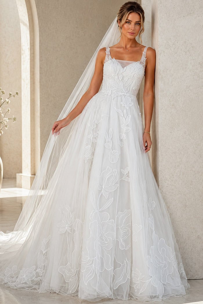 ivory floral lace A-line wedding dress with square neckline, wide straps and tulle skirt, front view, Jovani Bridal style JB49761