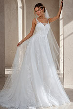 ivory floral lace A-line wedding dress with square neckline, wide straps and tulle skirt, front view, Jovani Bridal style JB49761