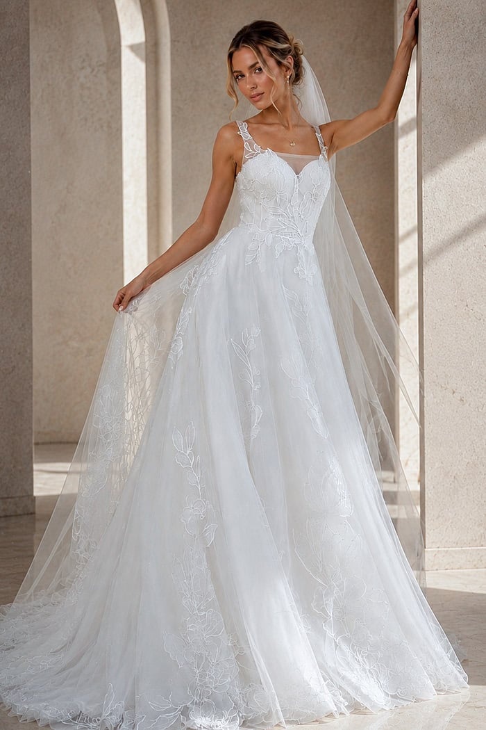 ivory floral lace A-line wedding dress with square neckline, wide straps and tulle skirt, front view, Jovani Bridal style JB49761