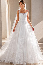 ivory floral lace A-line wedding dress with square neckline, wide straps and tulle skirt, front view, Jovani Bridal style JB49761