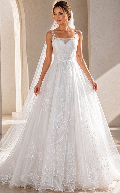 ivory floral lace A-line wedding dress with square neckline, wide straps and tulle skirt, front view, Jovani Bridal style JB49761