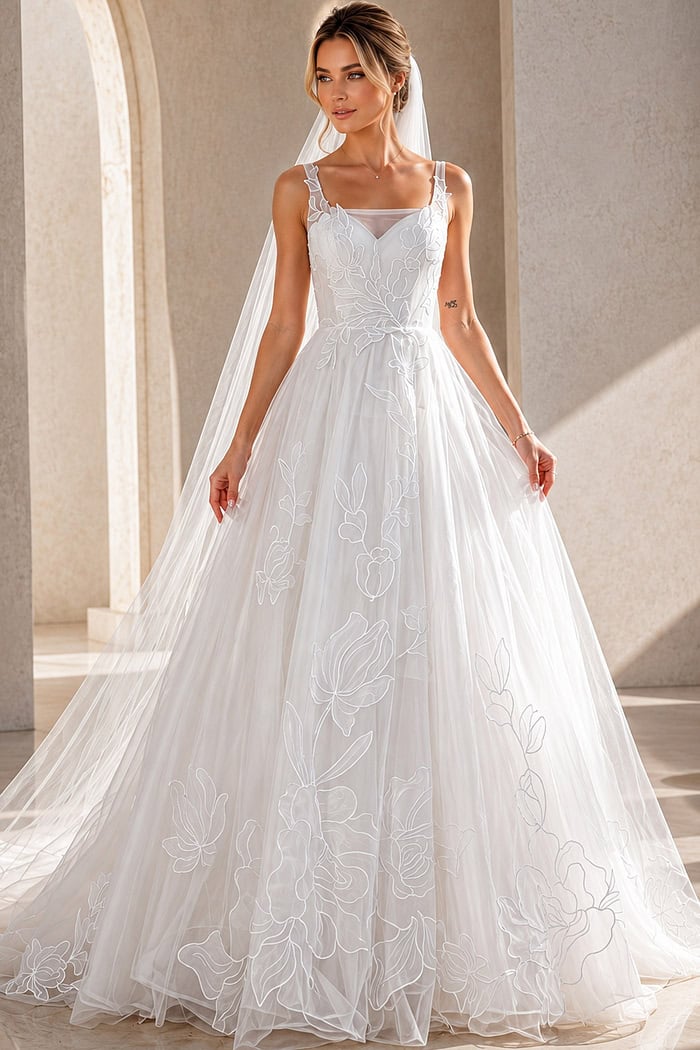 ivory floral lace A-line wedding dress with square neckline, wide straps and tulle skirt, front view, Jovani Bridal style JB49761