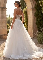 Designer floral applique tulle ball gown with illusion bodice and sweeping train