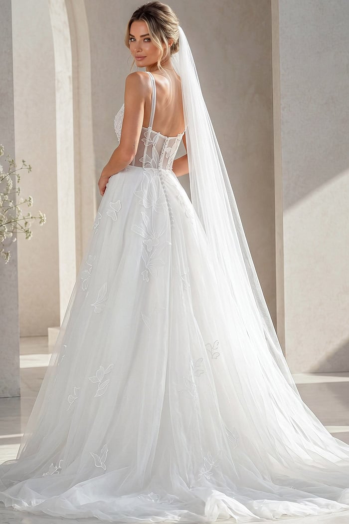 ivory floral lace A-line wedding dress with square neckline, wide straps and tulle skirt, front view, Jovani Bridal style JB49761