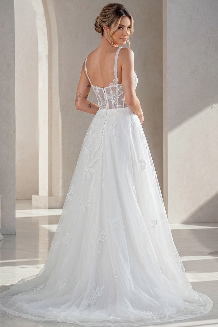 ivory floral lace A-line wedding dress with square neckline, wide straps and tulle skirt, front view, Jovani Bridal style JB49761