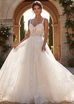 Ethereal floral embroidered tulle gown with sheer corset bodice and delicate straps