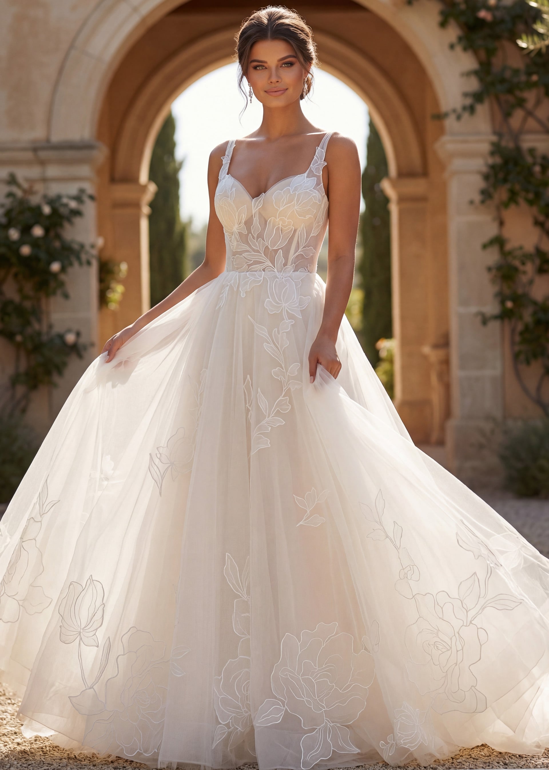 JB49761-3 Ethereal floral embroidered tulle gown with sheer corset bodice and delicate straps