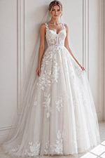 Romantic A-Line Wedding Dress with Floral Lace Appliqué and Sheer Corset Bodice