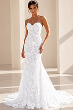 white 3D floral lace strapless fitted mermaid wedding dress with sweetheart neckline and sheer corset bodice, front view, Jovani Bridal style JB99063