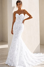 white 3D floral lace strapless fitted mermaid wedding dress with sweetheart neckline and sheer corset bodice, front view, Jovani Bridal style JB99063