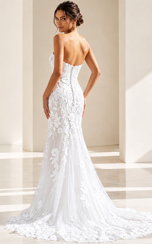 white 3D floral lace strapless fitted mermaid wedding dress with sweetheart neckline and sheer corset bodice, front view, Jovani Bridal style JB99063