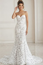 white and nude floral jacquard strapless fitted mermaid wedding dress with sweetheart neckline and sheer corset bodice, front view, Jovani Bridal style JB99067