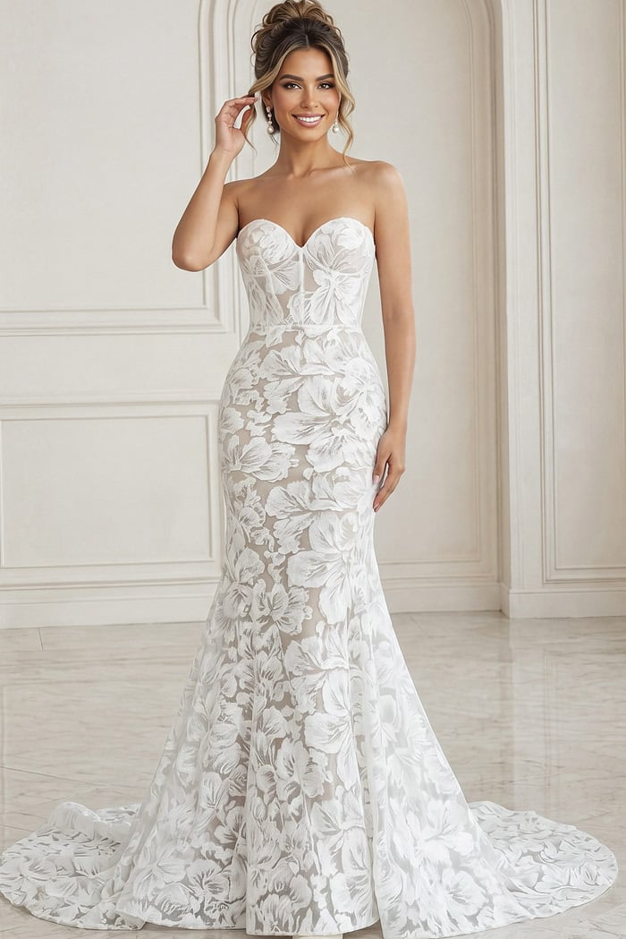 white and nude floral jacquard strapless fitted mermaid wedding dress with sweetheart neckline and sheer corset bodice, front view, Jovani Bridal style JB99067