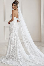 white and nude floral jacquard strapless fitted mermaid wedding dress with sweetheart neckline and sheer corset bodice, front view, Jovani Bridal style JB99067