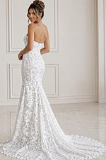 Back view of fitted lace bridal gown with long veil and elegant train