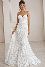 white and nude floral jacquard strapless fitted mermaid wedding dress with sweetheart neckline and sheer corset bodice, front view, Jovani Bridal style JB99067