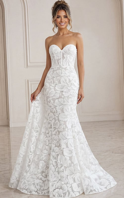 white and nude floral jacquard strapless fitted mermaid wedding dress with sweetheart neckline and sheer corset bodice, front view, Jovani Bridal style JB99067