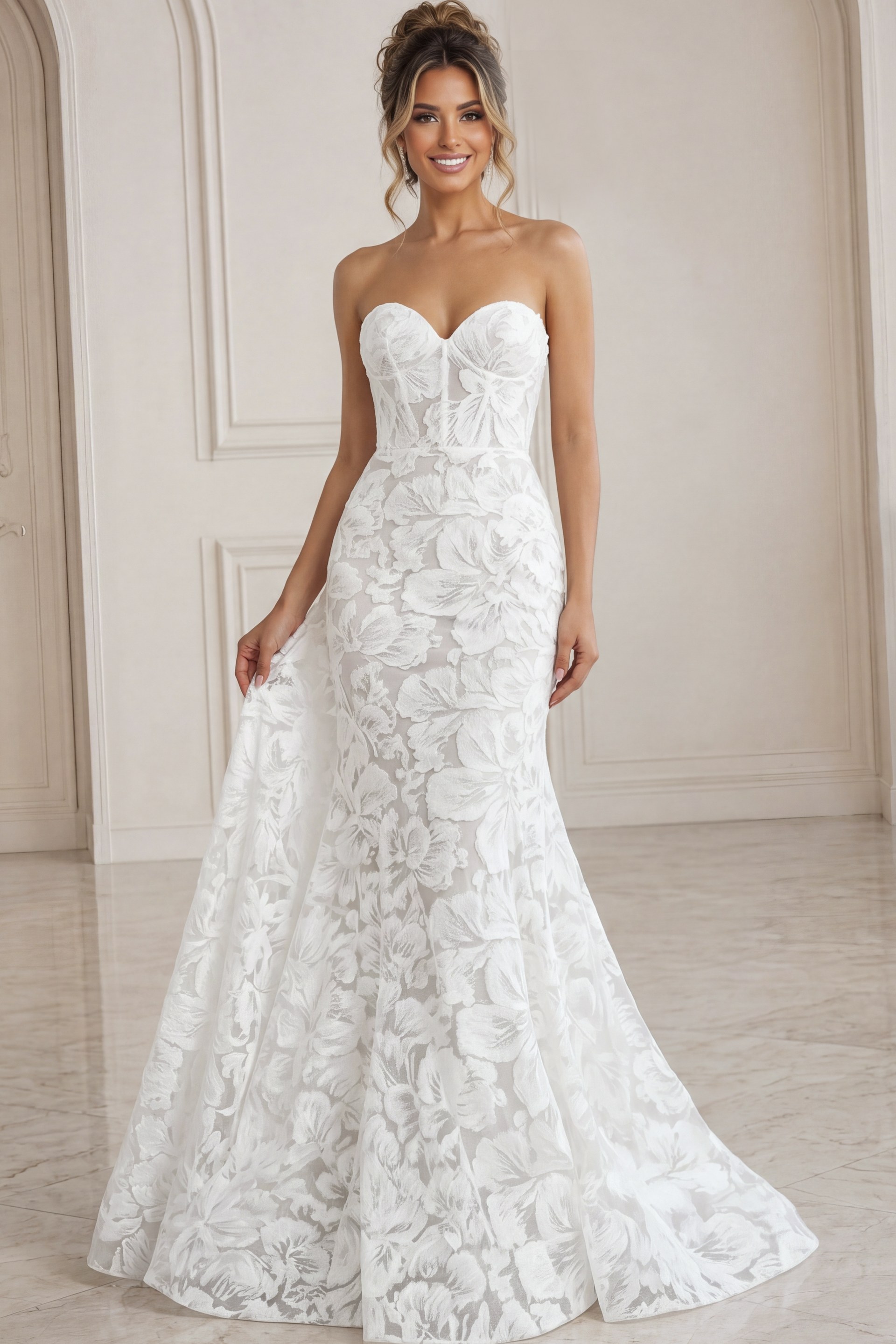 JB99067-6 white and nude floral jacquard strapless fitted mermaid wedding dress with sweetheart neckline and sheer corset bodice, front view, Jovani Bridal style JB99067
